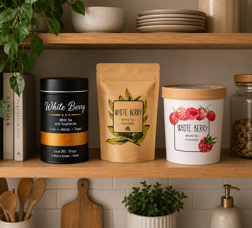 White Berry Leo Tea – elegancka puszka, doypack i kubek prezentowy